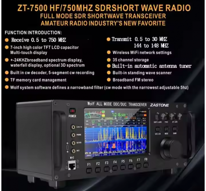 ZASTONE ZT7500 100W SDR 短波電臺(tái) WOLF 系統(tǒng) 雙頻道顯示 全屏觸摸操作 內(nèi)置天線調(diào)諧器